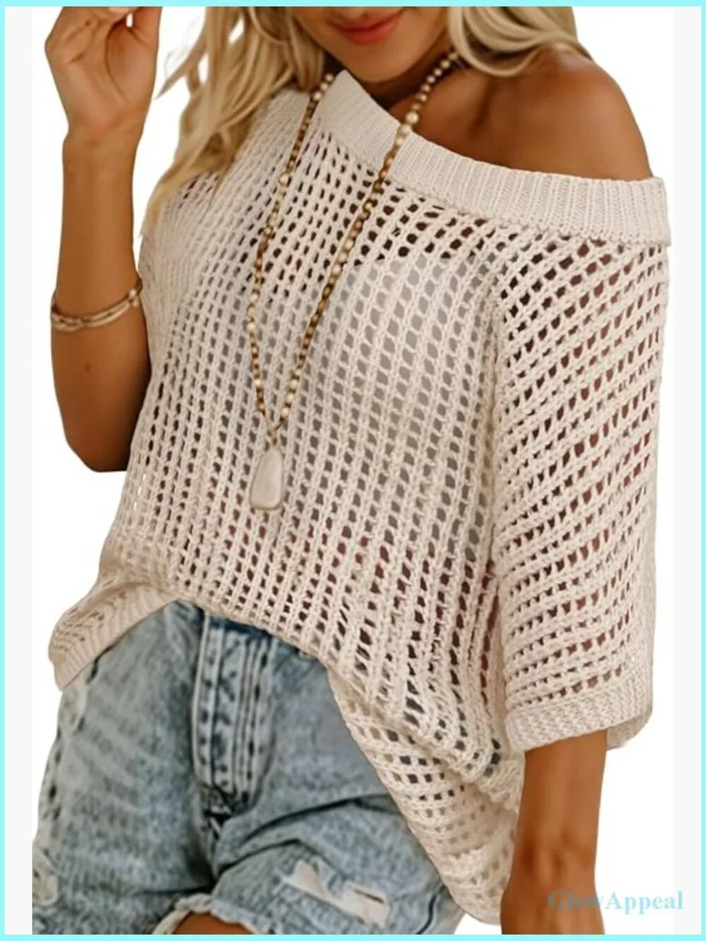 Crochet Knit Swim Coverup - Scoop Neck Short Sleeve Beach Top